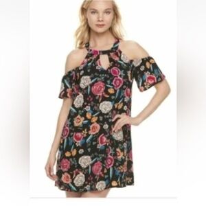 Lily Rose Floral Print Dress Womens Medium Cold Shoulder Black Multicolored